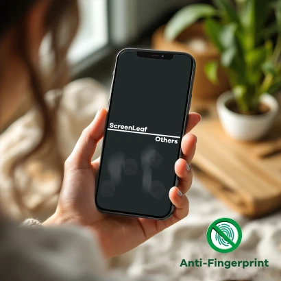 Smartphone with two protective films, ScreenLeaf on top and another one underneath. Fingerprints are clearly visible on the lo