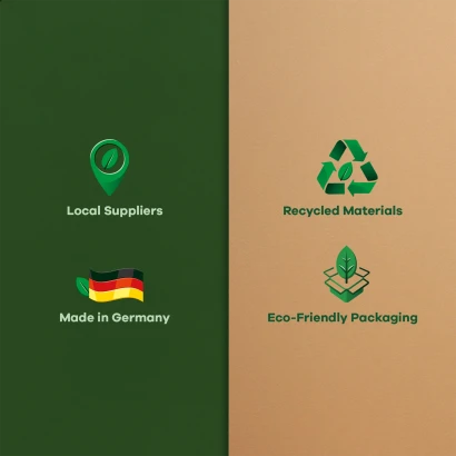 Letterings that include the following information: regional suppliers, "Made in Germany" recycled materials, and environmental