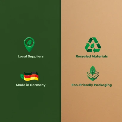 Letterings that include the following information: regional suppliers, "Made in Germany" recycled materials, and environmental
