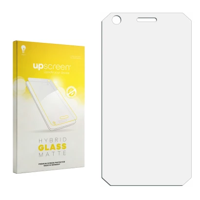 Front side of a product packaging with the brand logo upscreen. Next to it is the corresponding screen protector.