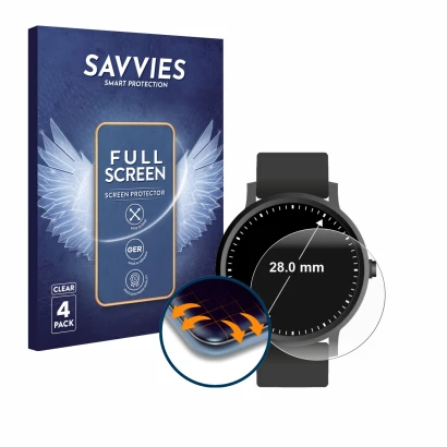 Front side of a product packaging with the brand logo Savvies. Next to it is the device Watches (Circular, ø: 28 mm) shown wit