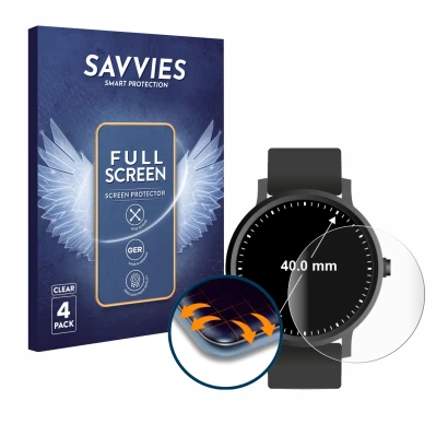Front side of a product packaging with the brand logo Savvies. Next to it is the device Watches (Circular, ø: 40 mm) shown wit