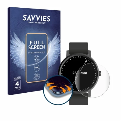 Front side of a product packaging with the brand logo Savvies. Next to it is the device Watches (Circular, ø: 23 mm) shown wit