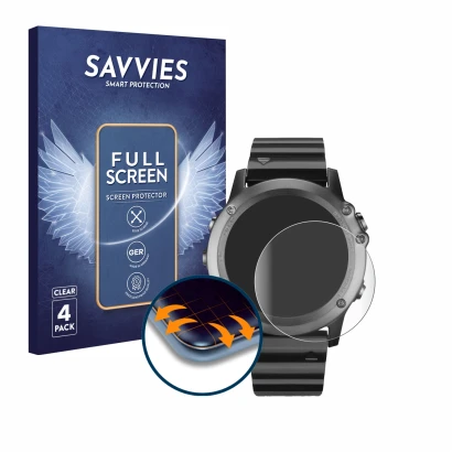 Front side of a product packaging with the brand logo Savvies. Next to it is the device Garmin Fenix 3 shown with the correspo