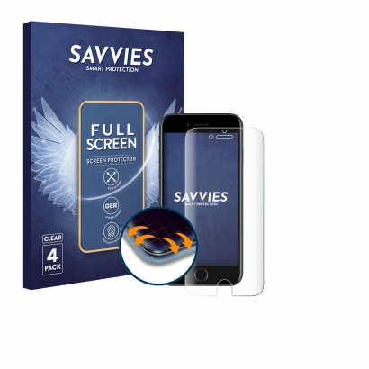 Front side of a product packaging with the brand logo Savvies. Next to it is the device Apple iPhone 7 shown with the correspo