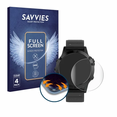 Front side of a product packaging with the brand logo Savvies. Next to it is the device Garmin Fenix 5 (47 mm) shown with the