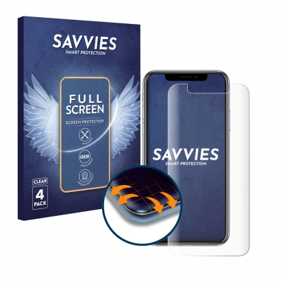 Front side of a product packaging with the brand logo Savvies. Next to it is the device Apple iPhone X shown with the correspo