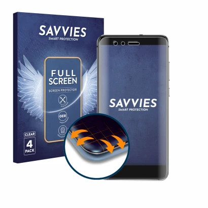 Front side of a product packaging with the brand logo Savvies. Next to it is the device Huawei P10 Lite shown with the corresp