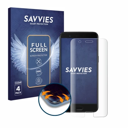 Front side of a product packaging with the brand logo Savvies. Next to it is the device OnePlus 5 shown with the corresponding
