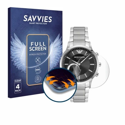 Front side of a product packaging with the brand logo Savvies. Next to it is the device Emporio Armani Connected Smartwatch Hy