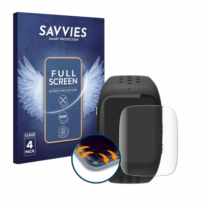 Front side of a product packaging with the brand logo Savvies. Next to it is the device Polar M430 shown with the correspondin