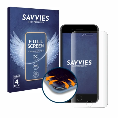 Front side of a product packaging with the brand logo Savvies. Next to it is the device Apple iPhone 8 Plus shown with the cor