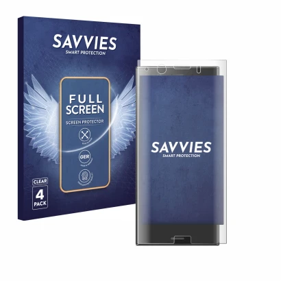 Front side of a product packaging with the brand logo Savvies. Next to it is the device Sony Xperia XZ1 Compact shown with the