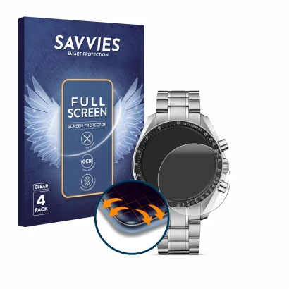 Front side of a product packaging with the brand logo Savvies. Next to it is the device Omega Speedmaster Moonwatch Profession
