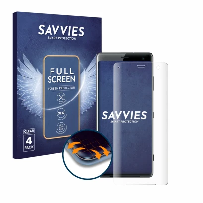 Front side of a product packaging with the brand logo Savvies. Next to it is the device Sony Xperia XZ3 shown with the corresp