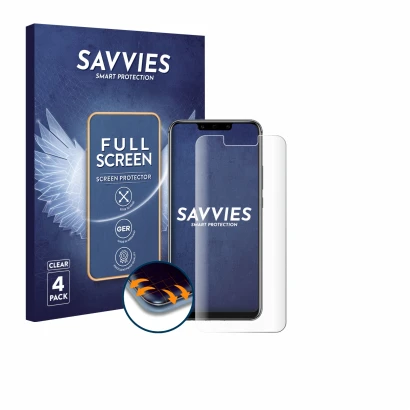 Front side of a product packaging with the brand logo Savvies. Next to it is the device Huawei Mate 20 lite shown with the cor