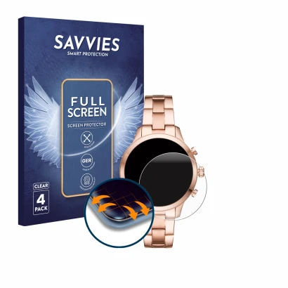 Front side of a product packaging with the brand logo Savvies. Next to it is the device Michael Kors Access Runway (41 mm) sho