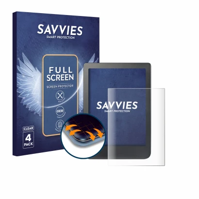 Front side of a product packaging with the brand logo Savvies. Next to it is the device Kobo Clara HD (6") shown with the corr