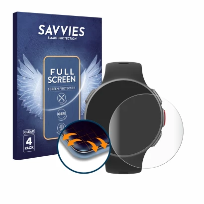 Front side of a product packaging with the brand logo Savvies. Next to it is the device Polar Vantage V shown with the corresp