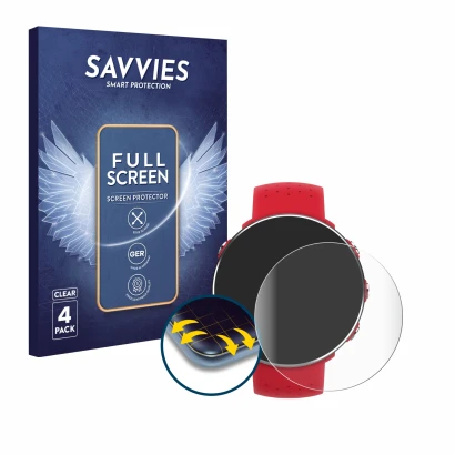 Front side of a product packaging with the brand logo Savvies. Next to it is the device Polar Vantage M shown with the corresp