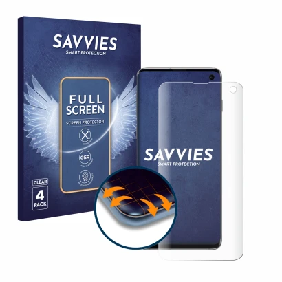 Front side of a product packaging with the brand logo Savvies. Next to it is the device Samsung Galaxy S10 shown with the corr