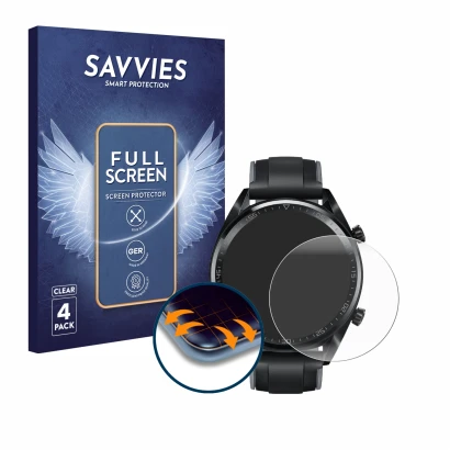 Front side of a product packaging with the brand logo Savvies. Next to it is the device Huawei Watch GT (46 mm) 2018 shown wit