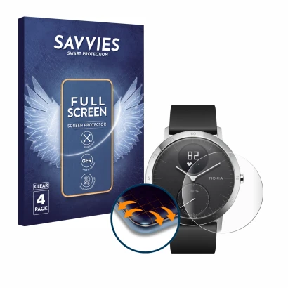 Front side of a product packaging with the brand logo Savvies. Next to it is the device Withings Steel HR (40 mm) shown with t