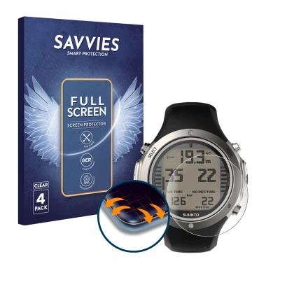 Front side of a product packaging with the brand logo Savvies. Next to it is the device Suunto D6I Novo shown with the corresp
