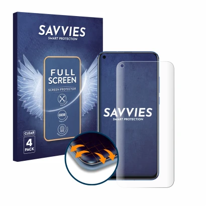 Front side of a product packaging with the brand logo Savvies. Next to it is the device Honor View 20 shown with the correspon