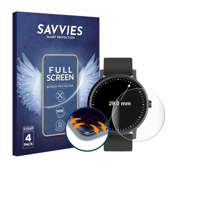Front side of a product packaging with the brand logo Savvies. Next to it is the device Circular Displays (ø: 29 mm) shown wit