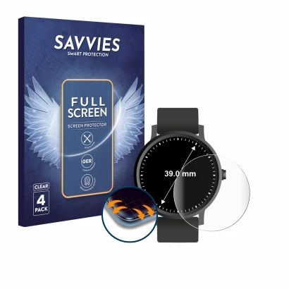 Front side of a product packaging with the brand logo Savvies. Next to it is the device Circular Displays (ø: 39 mm) shown wit