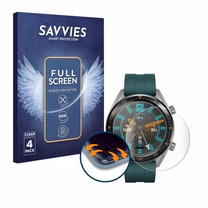Front side of a product packaging with the brand logo Savvies. Next to it is the device Huawei Watch GT Active shown with the