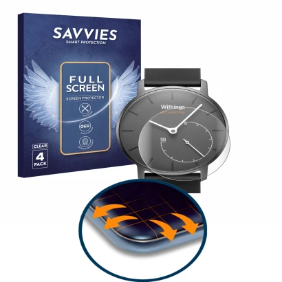 Front side of a product packaging with the brand logo Savvies. Next to it is the device Withings Activité Pop shown with the c