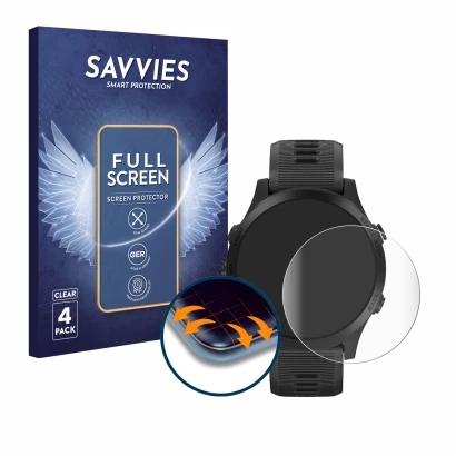Front side of a product packaging with the brand logo Savvies. Next to it is the device Garmin Forerunner 945 shown with the c