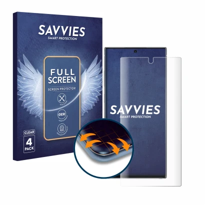 Front side of a product packaging with the brand logo Savvies. Next to it is the device Samsung Galaxy Note 10 Plus shown with