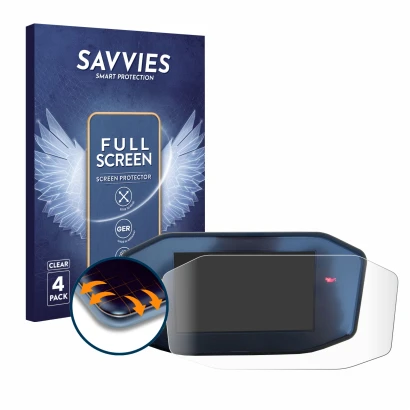 Front side of a product packaging with the brand logo Savvies. Next to it is the device KTM 790 Duke shown with the correspond