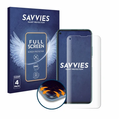 Front side of a product packaging with the brand logo Savvies. Next to it is the device Honor 20 Pro shown with the correspond