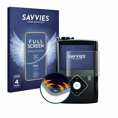Front side of a product packaging with the brand logo Savvies. Next to it is the device Medtronic Minimed 640G shown with the 