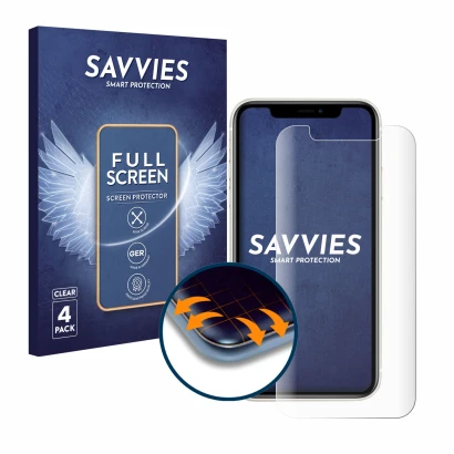 Front side of a product packaging with the brand logo Savvies. Next to it is the device Apple iPhone 11 shown with the corresp