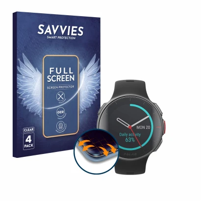 Front side of a product packaging with the brand logo Savvies. Next to it is the device Polar Vantage V Titan shown with the c