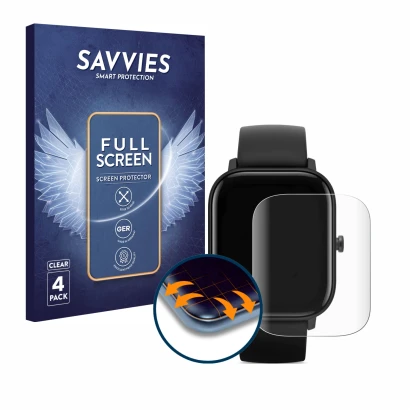 Front side of a product packaging with the brand logo Savvies. Next to it is the device Huami Amazfit GTS shown with the corre