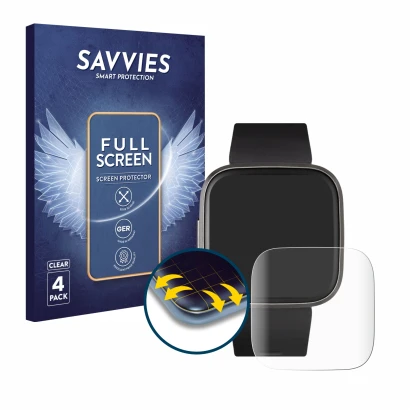 Front side of a product packaging with the brand logo Savvies. Next to it is the device Fitbit Versa 2 shown with the correspo