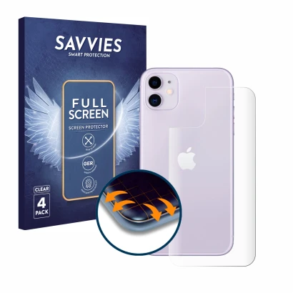 Front side of a product packaging with the brand logo Savvies. Next to it is the device Apple iPhone 11 (Back) shown with the 