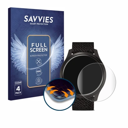 Front side of a product packaging with the brand logo Savvies. Next to it is the device Garmin vivomove Style (42 mm) shown wi