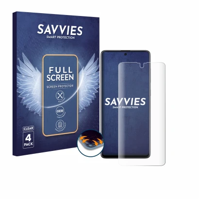 Front side of a product packaging with the brand logo Savvies. Next to it is the device Samsung Galaxy A71 shown with the corr