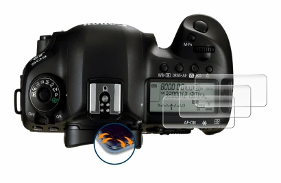 Image of the device Canon EOS 5D Mark IV (top plate display) with a wide variety of screen protectors.