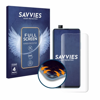 Front side of a product packaging with the brand logo Savvies. Next to it is the device Huawei P smart Pro 2019 shown with the