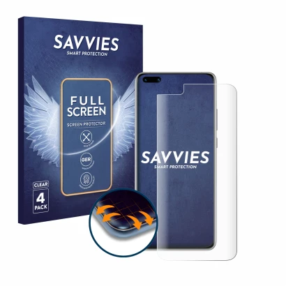 Front side of a product packaging with the brand logo Savvies. Next to it is the device Huawei P40 Pro shown with the correspo