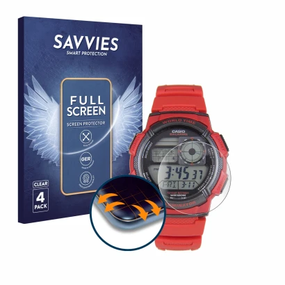 Front side of a product packaging with the brand logo Savvies. Next to it is the device Casio AE-1000W shown with the correspo