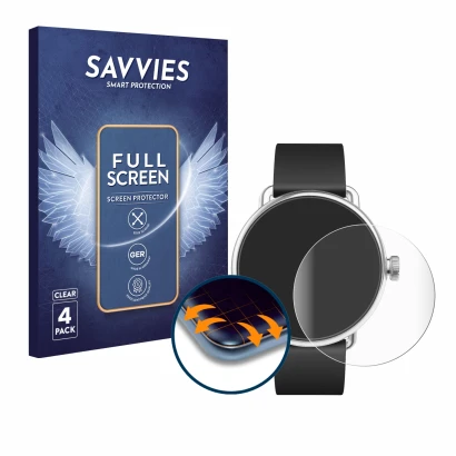 Front side of a product packaging with the brand logo Savvies. Next to it is the device Withings ScanWatch (38 mm) shown with 